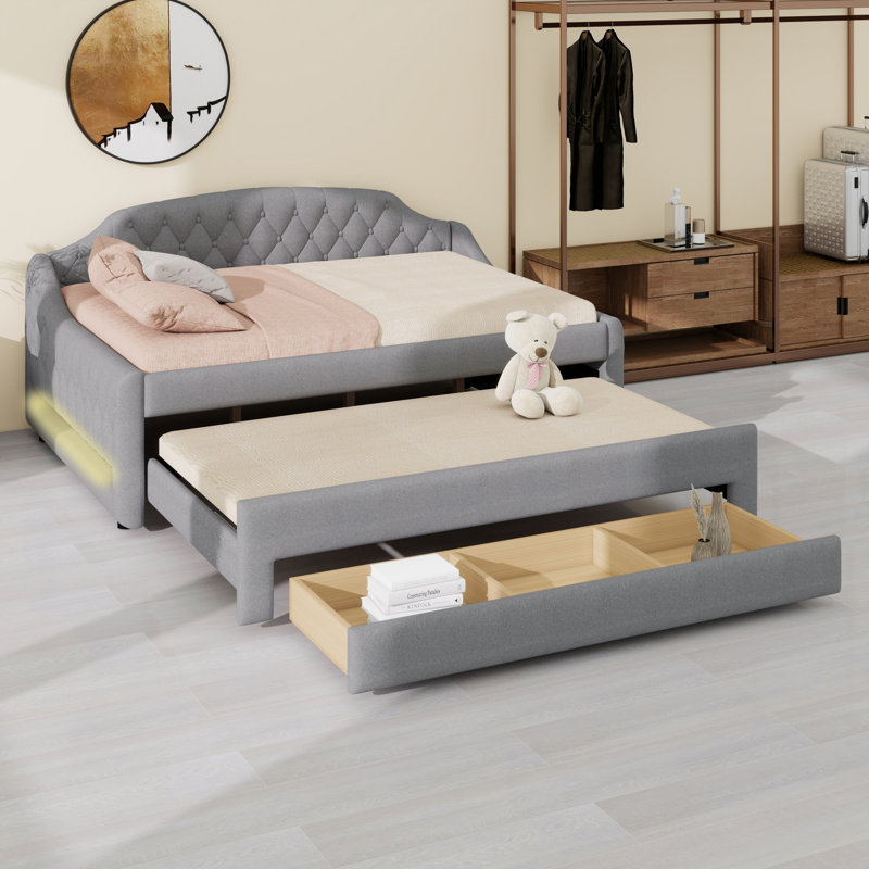 Space Saving Upholstered Daybed, Integrated LED Belt, Trundle and Three Drawers, Gray