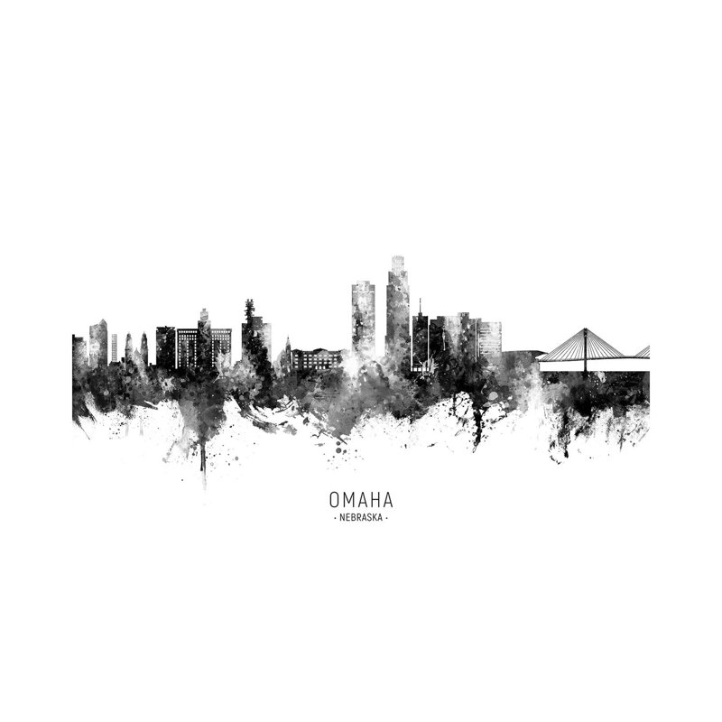 « Omaha Nebraska Skyline Name BW » par Michael Tompsett-impression d’art graphique, Pas de tapis, H 32 po x l 48 po x 1,5 po