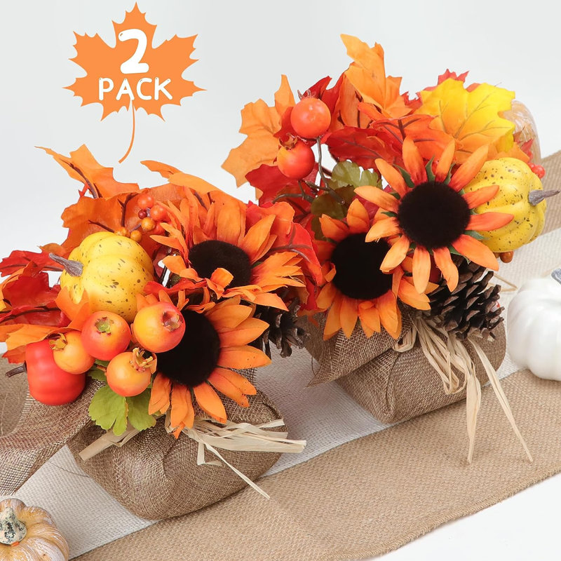 Décorations d'automne - Décorations d'automne pour la maison - Bouquet artificiel de citrouille artificielle de tournesol et de feuille d'érable, 2 pièces pour la récolte de l'Action de grâce