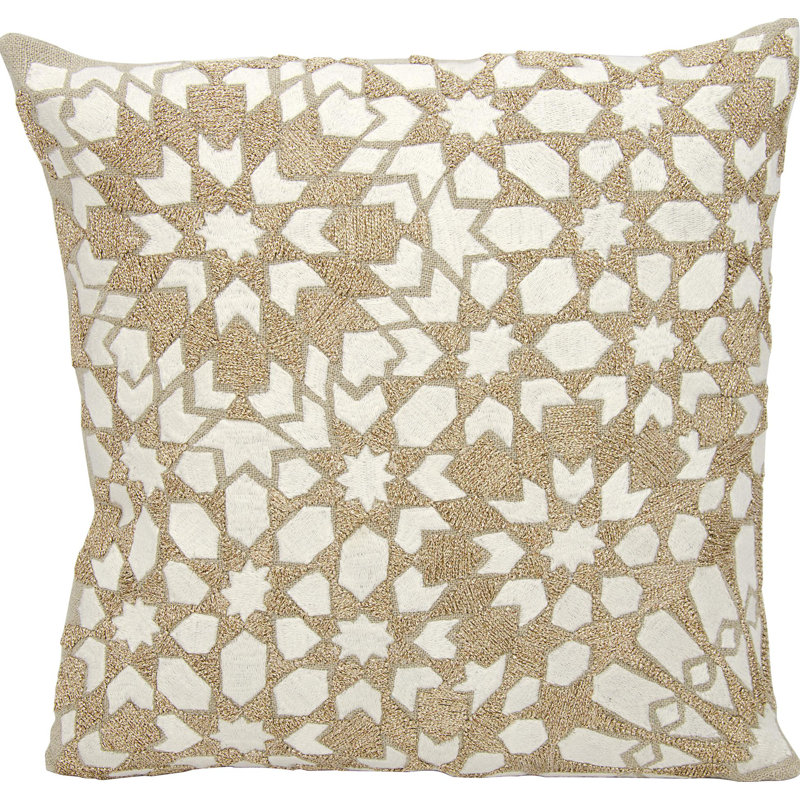 Off-White and Beige Embroidered Linen Square Throw Pillow
