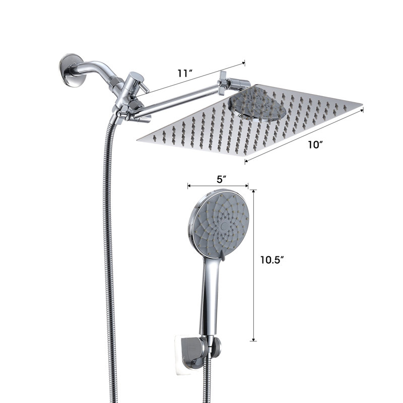 Ensemble de douche 10 po: pluie élevée et douchette avec bras d'extension de 11 po, 6 modes, autonettoyant, acier inoxydable, étanche, collection de têtes carrées murales: réglages de jet