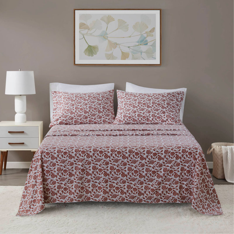 Ensemble de draps 4 pièces, Couvre-lit double + 3 pièces supplémentaires, Motif floral rouge