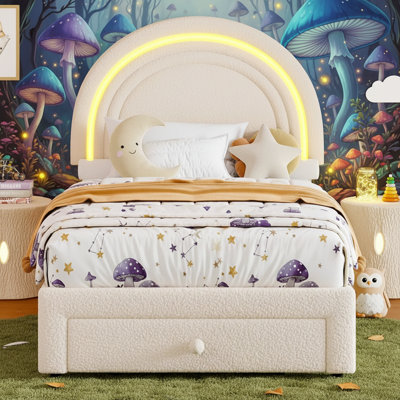 Upholstered LED Bed Frame, With Storage Drawer