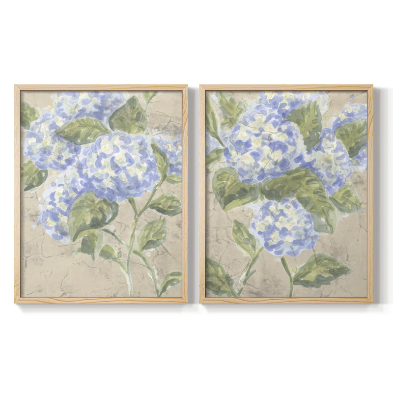 «Vintage Hydrangea Fresco I», reproduction encadrée de qualité supérieure - prête à être accrochée - aucun clou requis - aucun clou requis