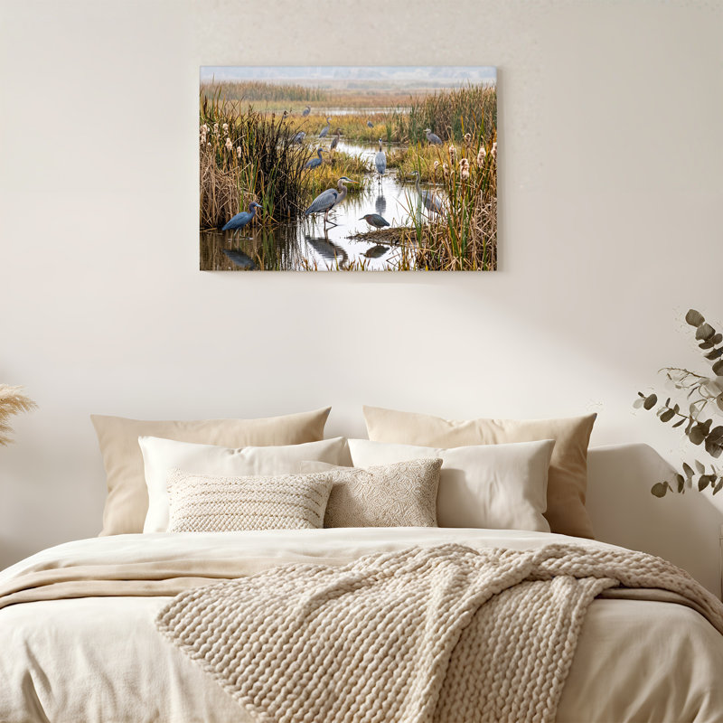 «Blue Herons» et «Green Heron Wading in Marsh Reeds», art mural sur toile, H 12 po x l 18 po