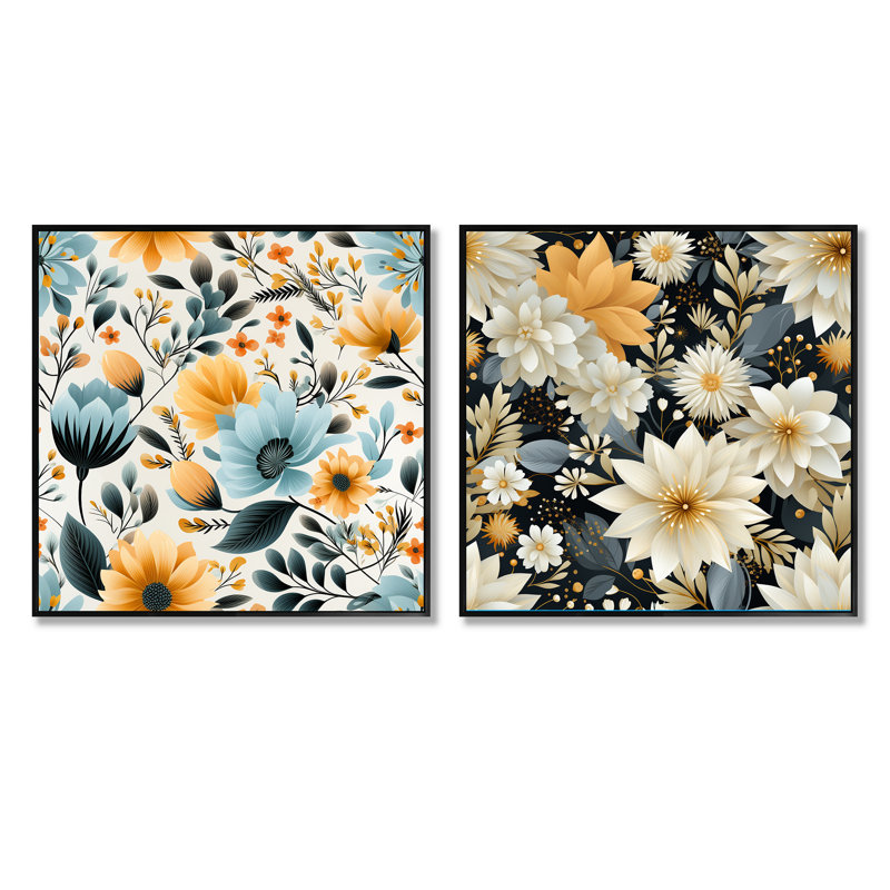 Montpetit - Ensemble de 2 collages floraux carrés, Cadre flottant noir, H 30 po x l 61 po
