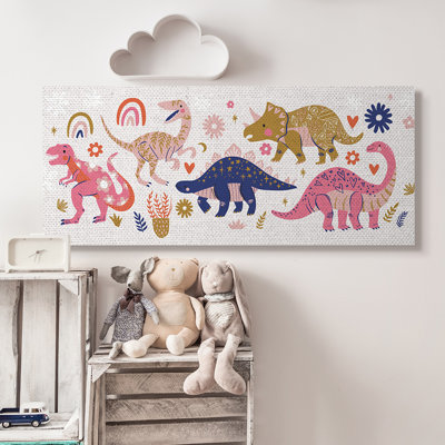 Joyeux dinosaures fantaisistes avec des fleurs arc-en-ciel