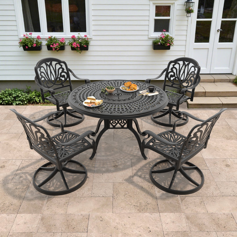 Ensemble de salle à manger d'extérieur 5 pièces en fonte d'aluminium avec chaises pivotantes, coussins et trou pour parasol