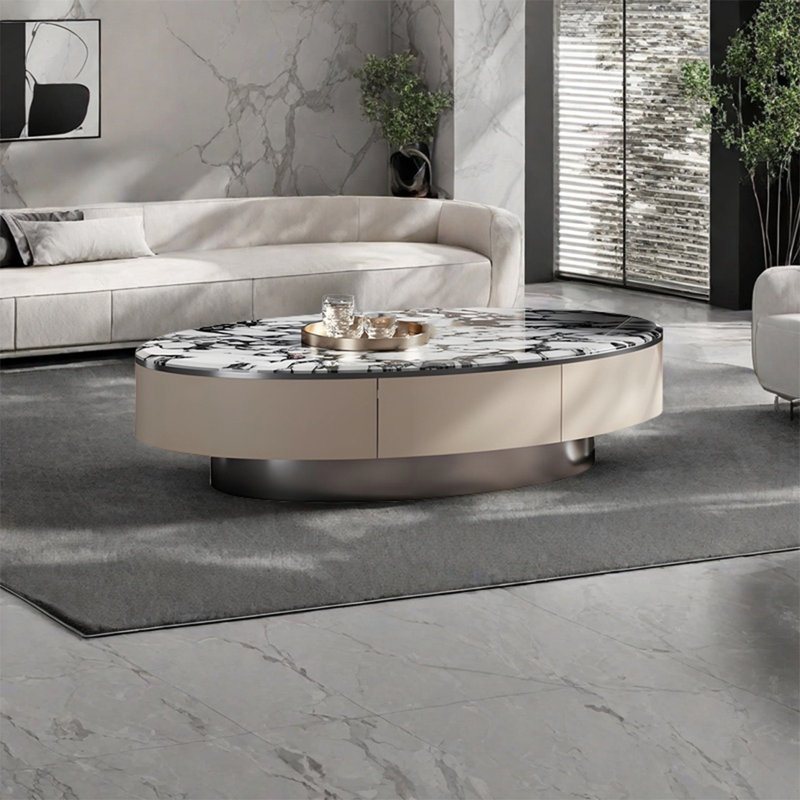 Light luxury oval marble coffee table, 15.7" H x 51.2" L x 27.6" W