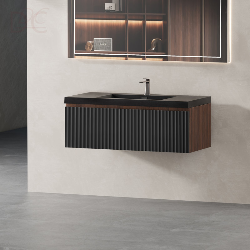 Meuble-lavabo mural de 36 po avec lavabo à fixation murale rayé avec tiroirs à fermeture en douceur et lavabo à quartz noir, entièrement assemblé