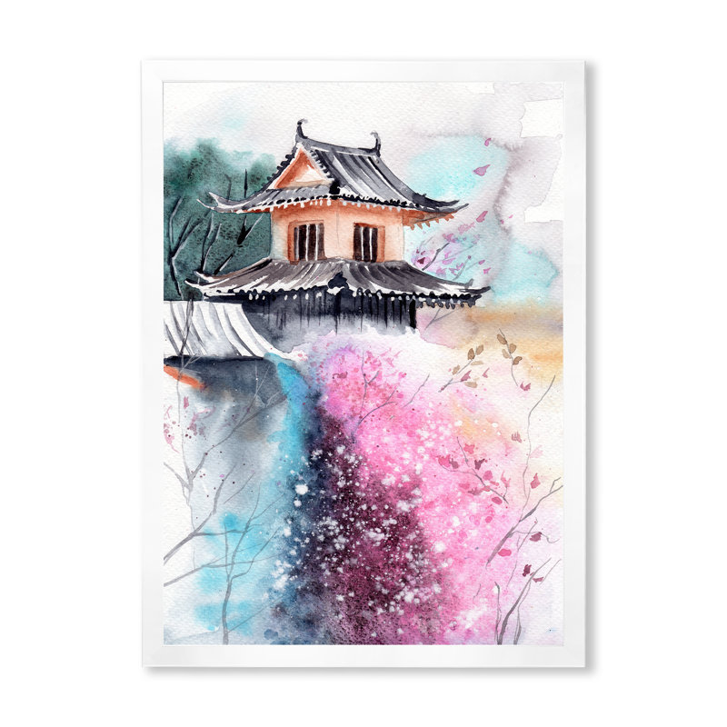 Fleurs de cerisier avec temple japonais - peinture sur toile, H 44 po x l 34 po x P 1,5 po, Cadre de coin blanc fermé
