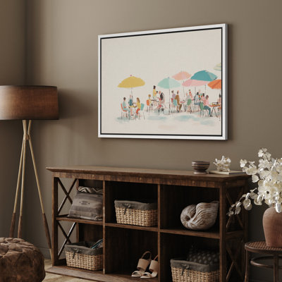 Impression d'art sur toile, "Colorful Cafe Umbrella Scene" - Aquarelle fantaisiste pour la cuisine ou le vestibule