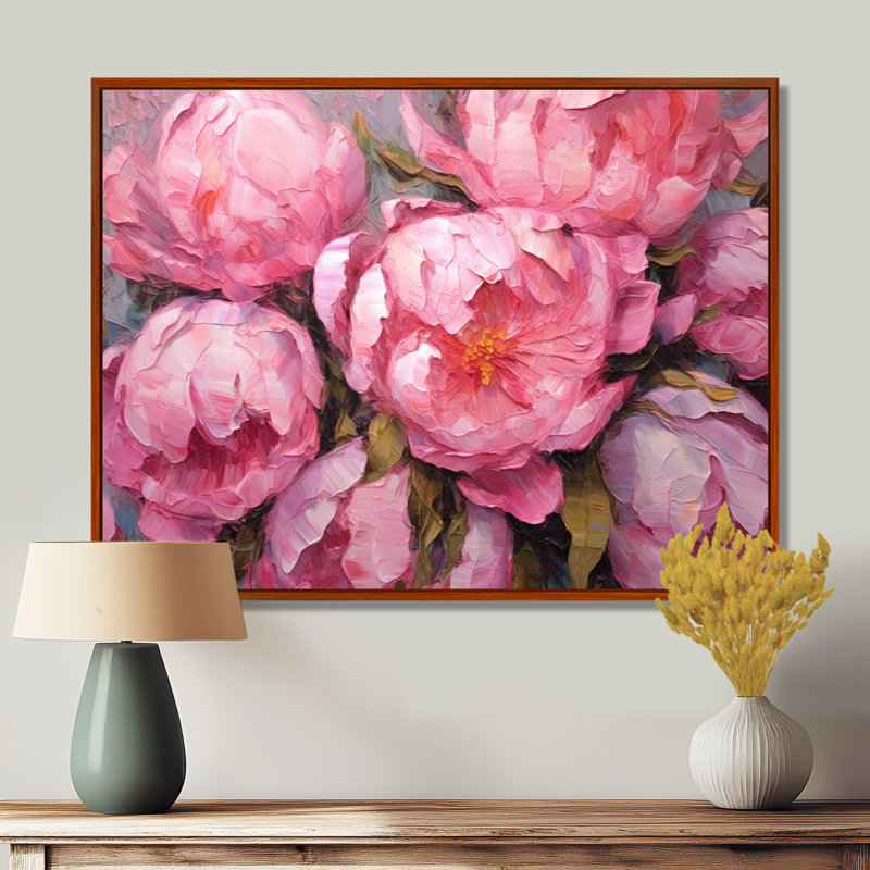 Pivoine rose I - art mural floral, H 12 po x l 20 po x P 1 po, Cadre flottant brun