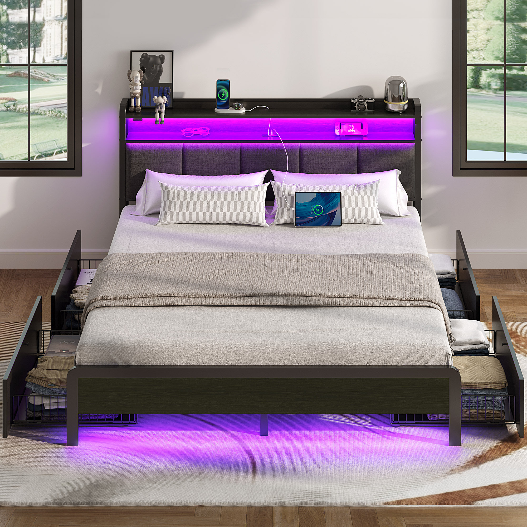 Franzi Bed with Storage Headboard, 4 Drawers, Charging Station and LED Lights