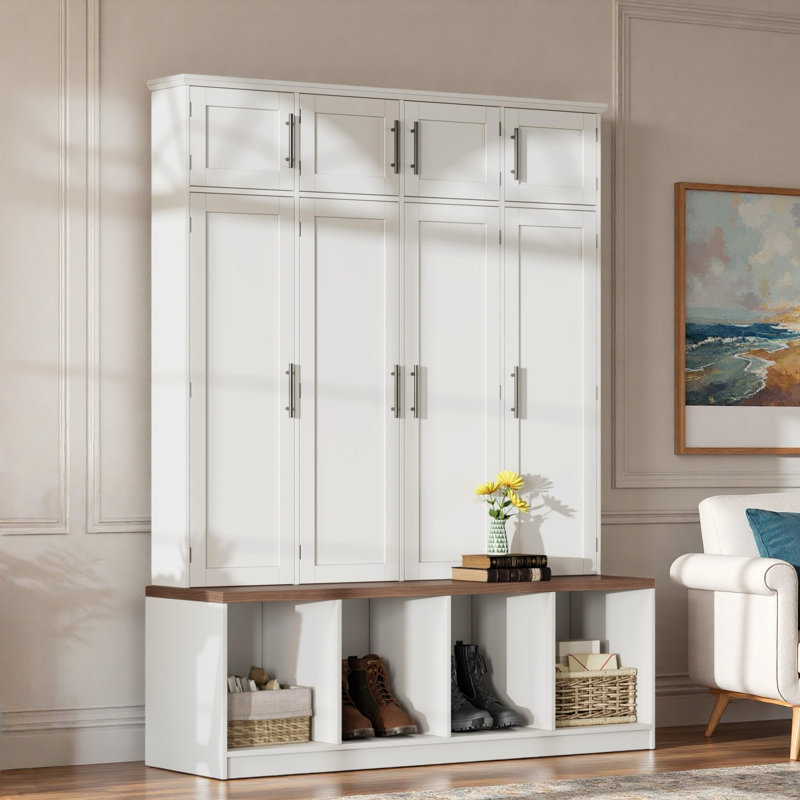 Farmhouse Hall Tree With 4 Hidden Hanging Hooks, Seating Bench, Storage Cabinet And Open Compartment, White