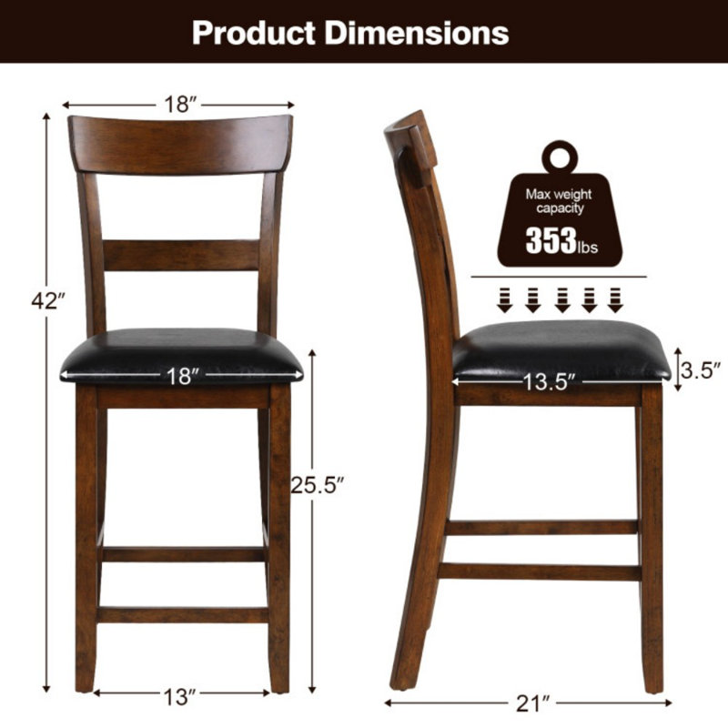 Ensemble de chaises à hauteur de comptoir 2 pièces avec siège en cuir et pieds en bois d'hévéa
