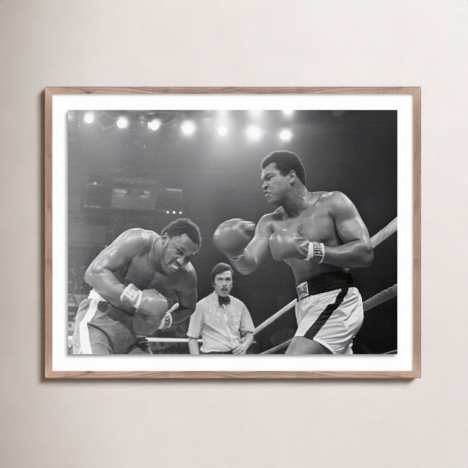 Adom "Muhammad Ali Punching Joe Frazier" Print, 30" H x 40" W, Rustic Walnut Framed