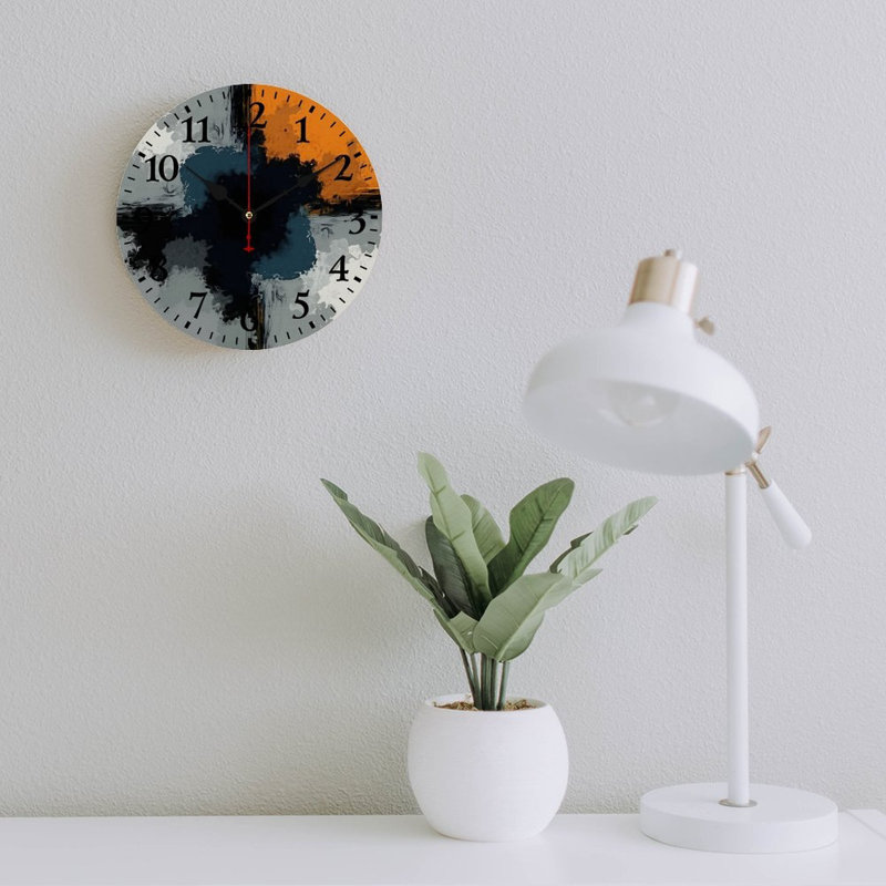 Horloge murale abstraite orange, bleue et grise ronde pour le salon et le patio 12 po x 12 po