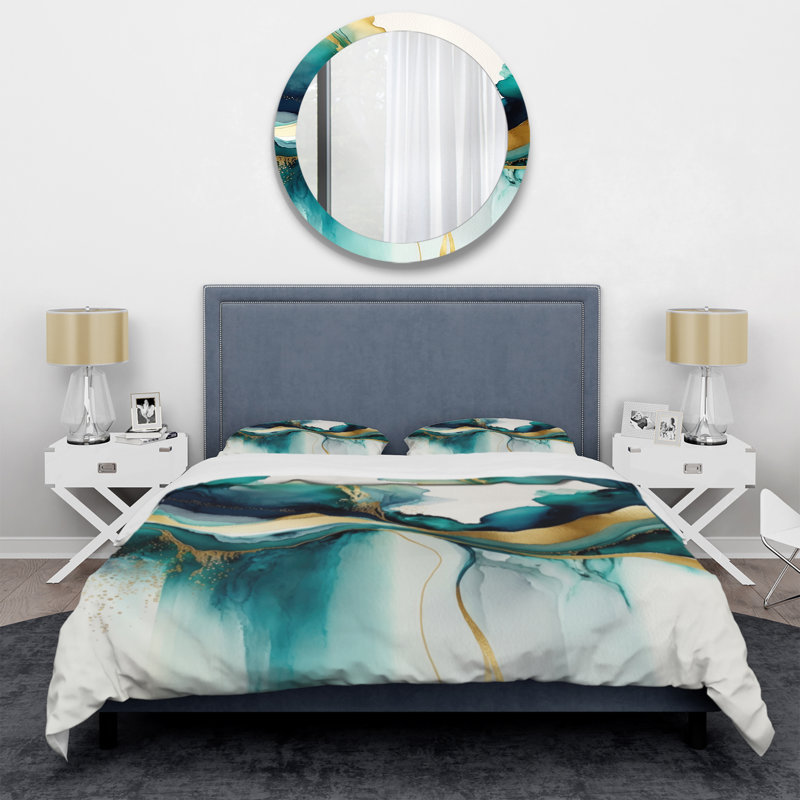 Teal and Gold Abstract Expression I - Ensemble de housse de couette à encre liquide abstraite - Polyester microfibre