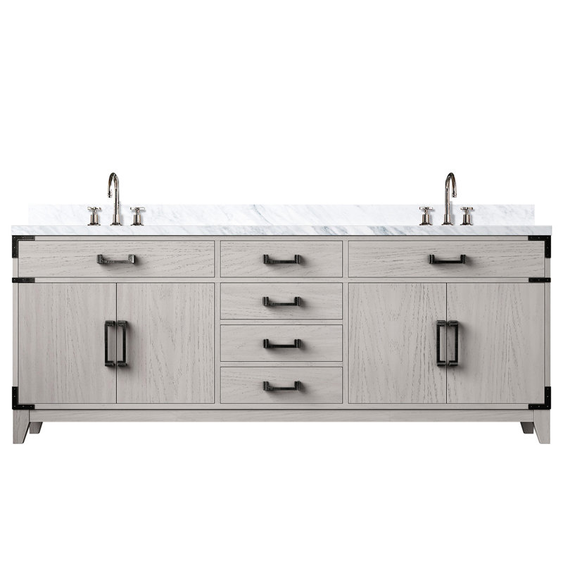 Meuble-lavabo double en chêne blanc 80 x 22 - comptoir et robinet en marbre à fermeture douce et poli à la main Comprend deux armoires ouvertes