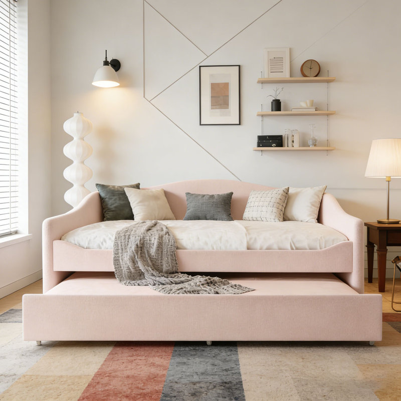 Lit de jour rembourré en molleton avec lumière et couchette Teddy, Complet/Double, Beige