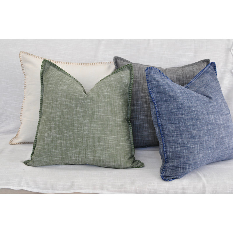 Textured Cotton Throw Pillow Covers / Modern Cushion Covers / Elegant Square Pillow Cases, 16"H x 16"W, Blue  Stitched Edge