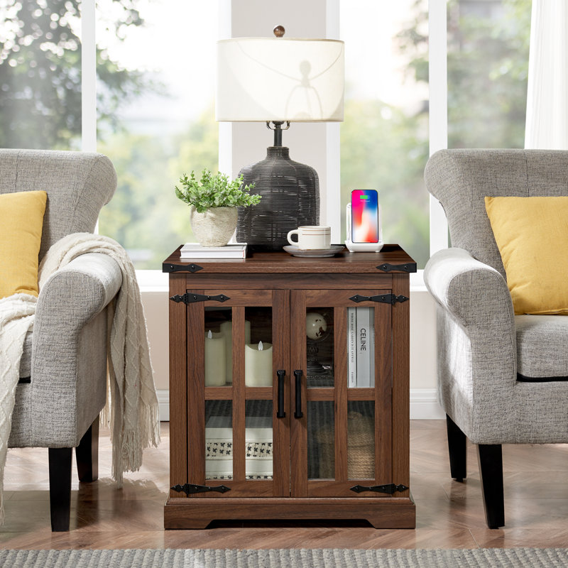 Keyaun 24"W Farmhouse Square End Table with Charging Station& Barn Glass Door, Adjustable Storage Shelf, Brown