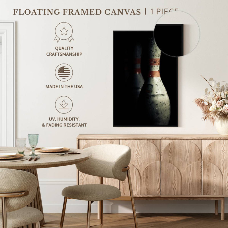 Shabby Bowling Pins, 25" X 37", Floating Frame Black