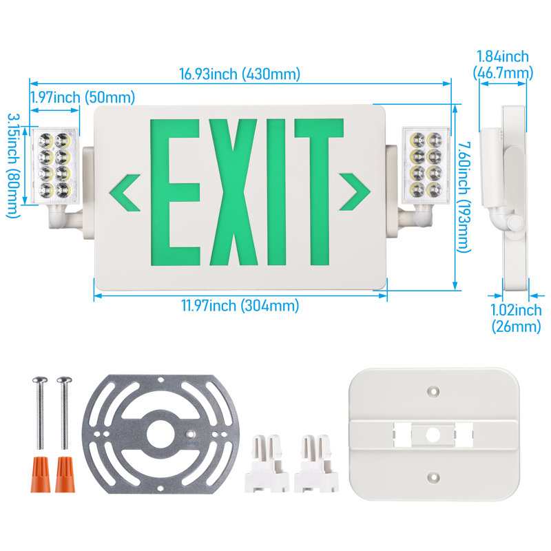 Panneau de sortie Porta DEL avec éclairage de secours et batterie de secours, deux têtes orientables, lettres vertes, blanc