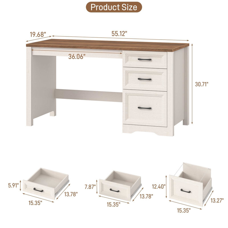 Bureau de direction 55 po en bois avec 3 tiroirs, bureau d'ordinateur de ferme avec armoire de rangement et tiroir classeur