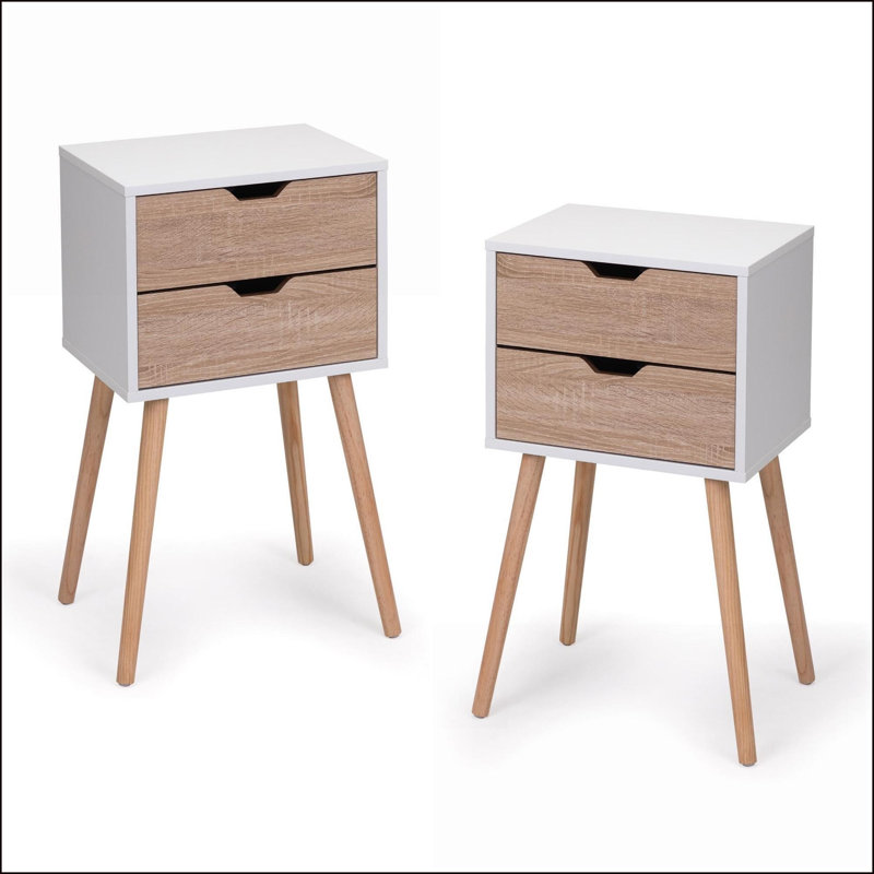 Modern 2-Drawer Nightstand with Solid Pine Legs - White Walnut (2pcs)