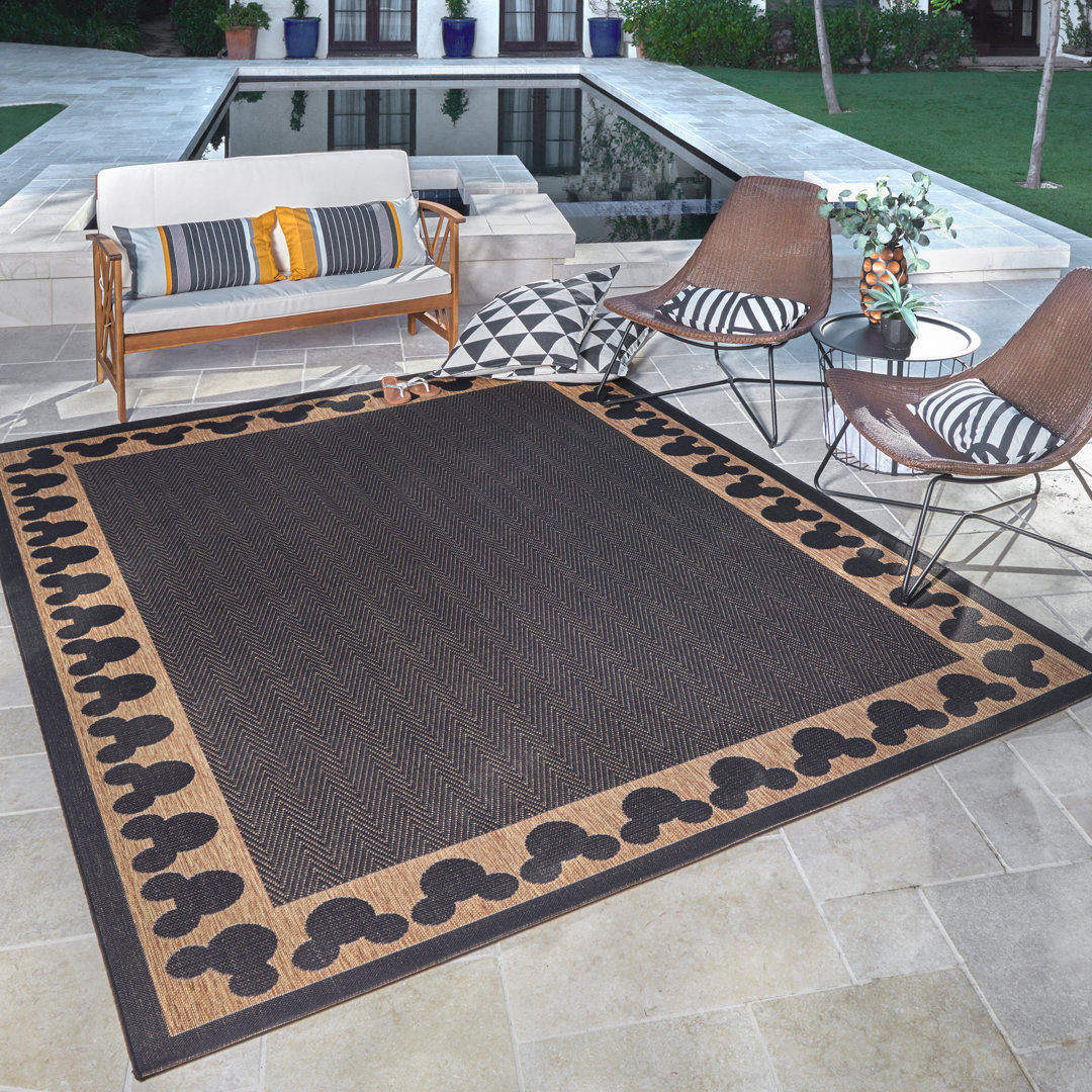 Licensed Disney Mickey Mouse Chestnut/Black Border Indoor/Outdoor Flatweave Area Rug Disney Rug 