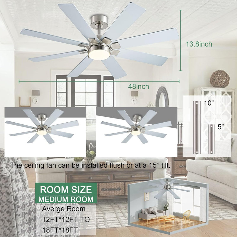 Ventilateurs de plafond de 48 pouces avec lumières et télécommande / APP, ventilateur de plafond à profil bas, 8 pales, à intensité variable DEL, moteur à courant continu réversible, ventilateurs de plafond silencieux pour une utilisation intérie