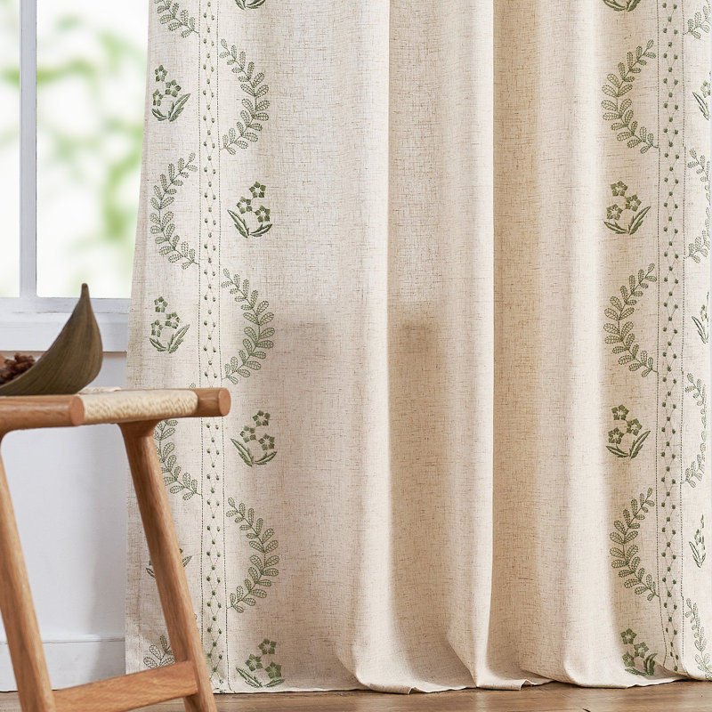 Linen Blend Embroidered Curtains Farmhouse Flower Patterned Curtains for Bedroom, Sage, 50" W x 84" L