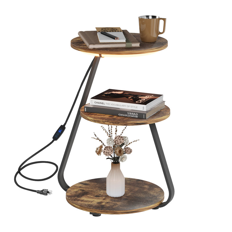 LED Light, Bedside Table End Table With 3 Shelf, 34cm Desktop Side Table, Brown