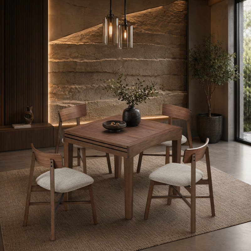 Extendable Solid Wood Dining Set, 4, Walnut