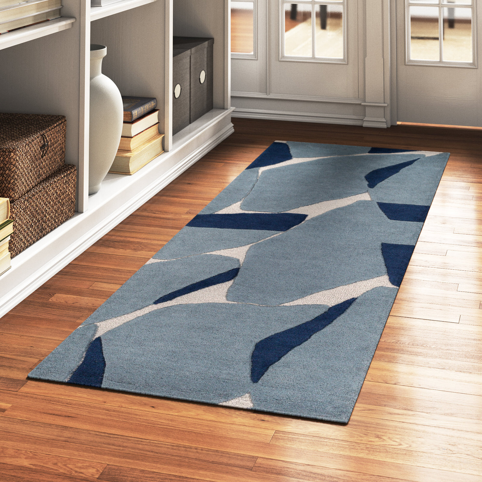 Light Blue Navy Hand-Tufted Abstract Wool Rug, Runner 2'6" x 8'