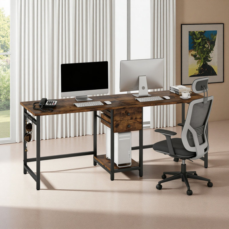 Double poste de travail, bureau d'ordinateur, bureau, Brun rustique / noir