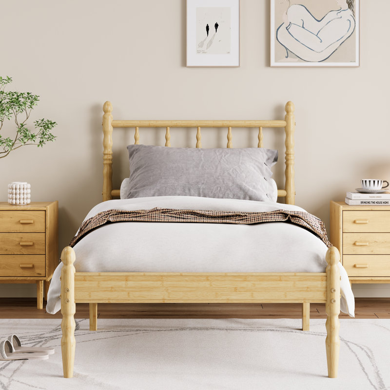 Eco-friendly Bamboo Platform Bed With Carved Headboard Elegant Turned Legs & Storage Clearan Twin Bed Frame, Twin