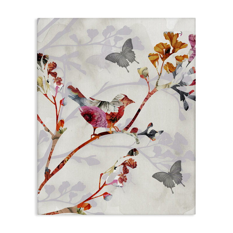 «Birds & Butterflies Nature», art mural sur toile par Susan Jill, H 30 po x l 24 po