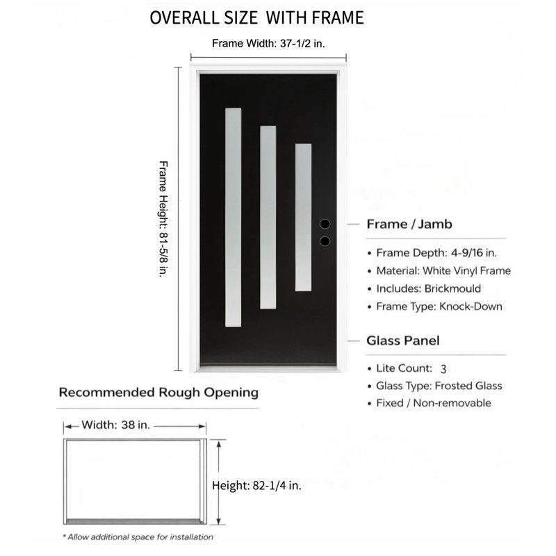 Porte d'entrée contemporaine en fibre de verre noir à 3 verres avec cadre en brique et vinyle 36 po x 80 po Contemporary