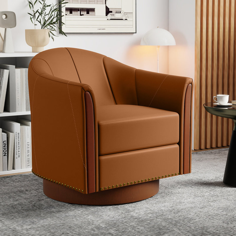 Fauteuil demi-tonneau pivotant en cuir végétalien moderne l 28 po avec base en bois massif, Brun