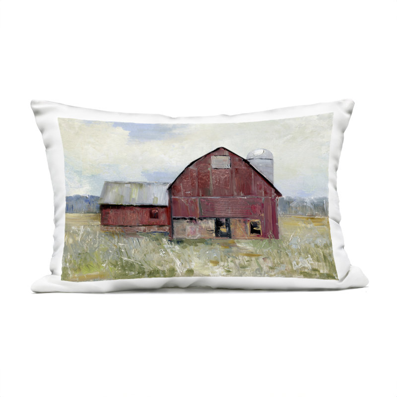 Coussin d'extérieur Red Rugged Barn, imprimé par Sally Swatland