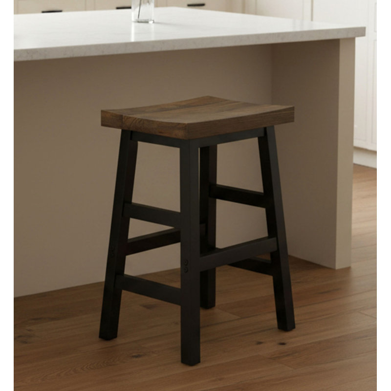 Pomona 26" Counter Height Bar Stool with Solid Wood Seat and Black Metal Legs, Rustic Brown, Rustic Natural/Black