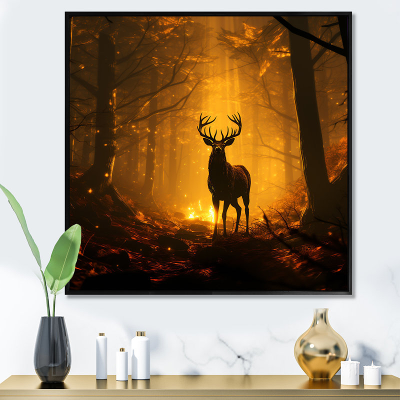 Brun majestueux, forêt, cerf, art mural animal, Cadre flottant noir, H 16 po x l 16 po x P 1 po