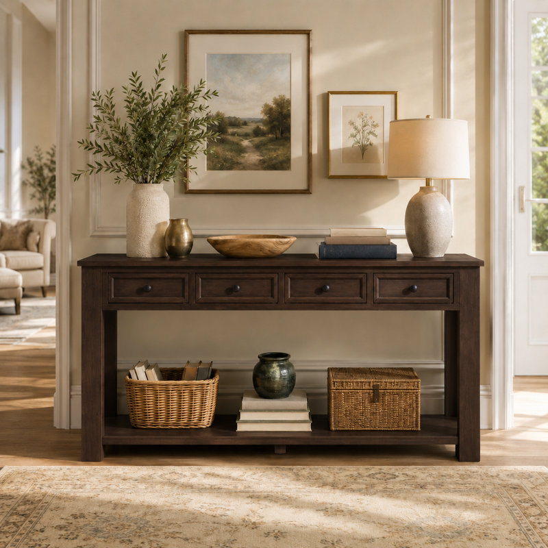 Console en bois avec tiroirs et tablette inférieure Ameah, Espresso