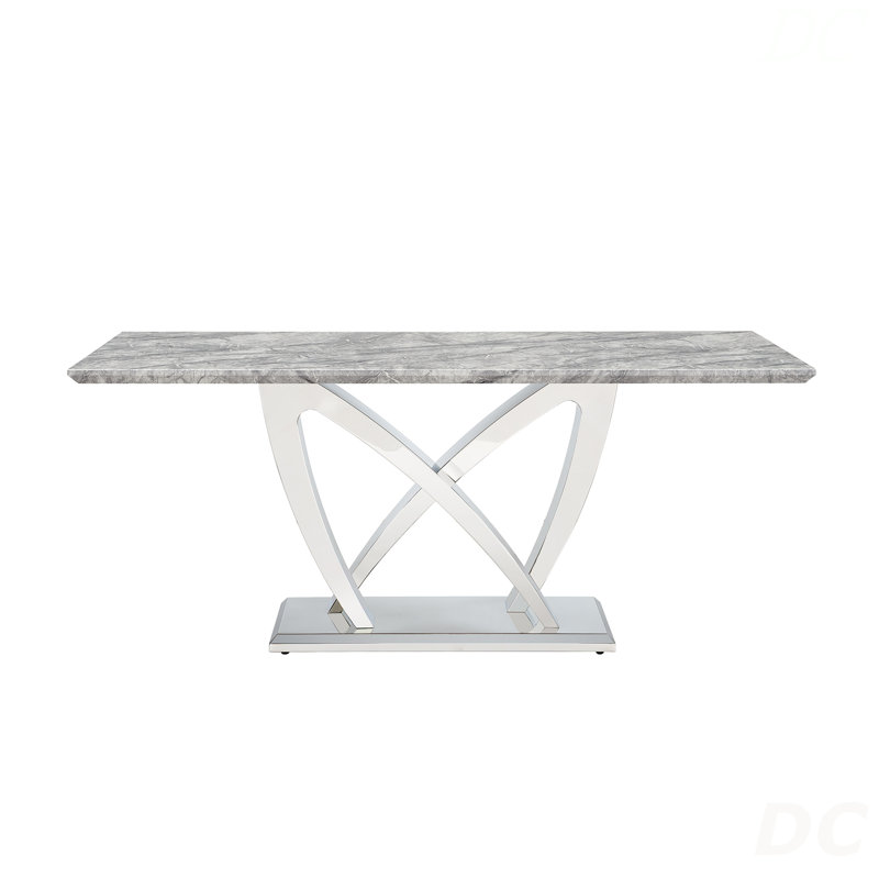 Marble Dining Table For 6 People, 70'' Rectangle Faux Marble Dining Table With Mirrored Finish Stainless Steel Base, Modern Large Size Marble Kitchen Table (Silver,Grey)(Only Table)