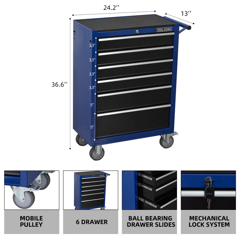 Armoire à outils roulante noire à 6 tiroirs, boîte à outils en métal de grande capacité, avec roulettes et serrure à clé, voiture à outils de rangement roulante, convient au garage, entrepôt, atelier