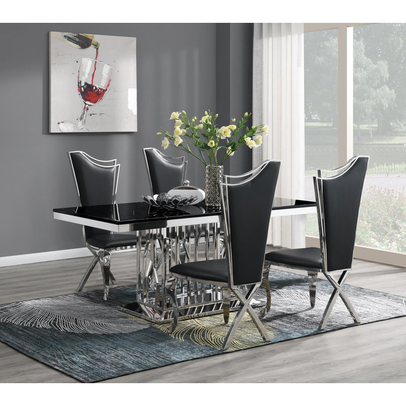 Table de salle à manger (marbre noir) et 6 chaises en cuir noir, Black Marble, 7 Pieces: Table, 6 Chairs