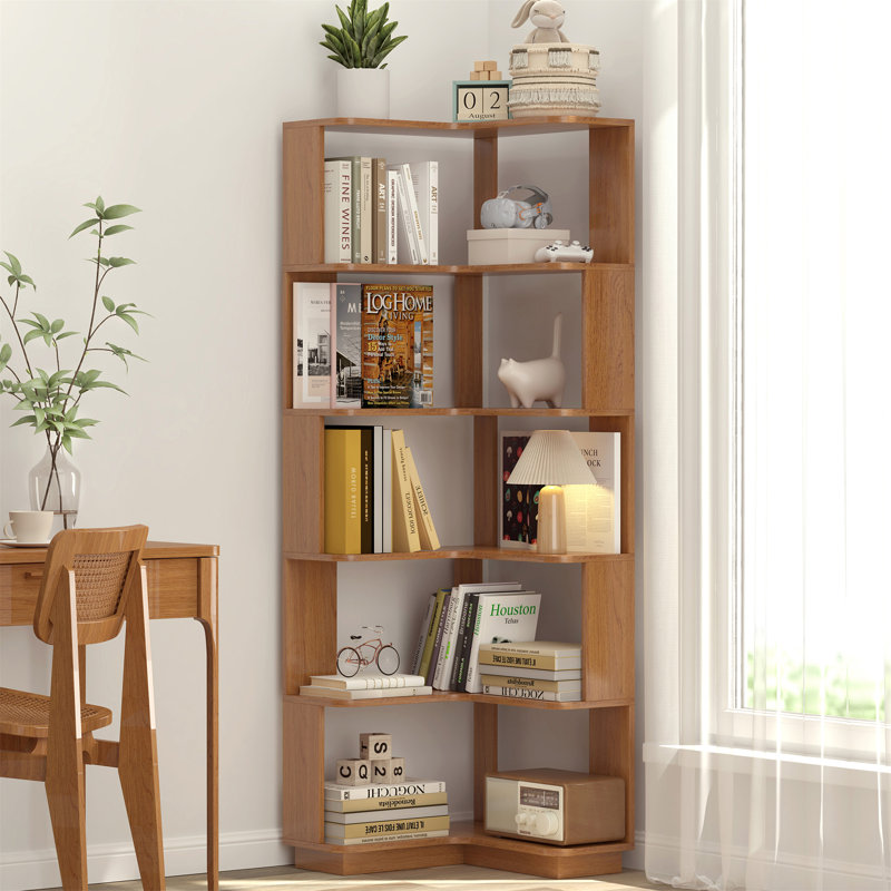 Bibliothèque de coin en L à 6 niveaux pour salon, Chêne foncé
